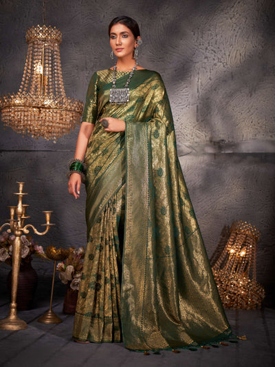 British Racing Green Gold Zari Kanjeevaram Silk Saree