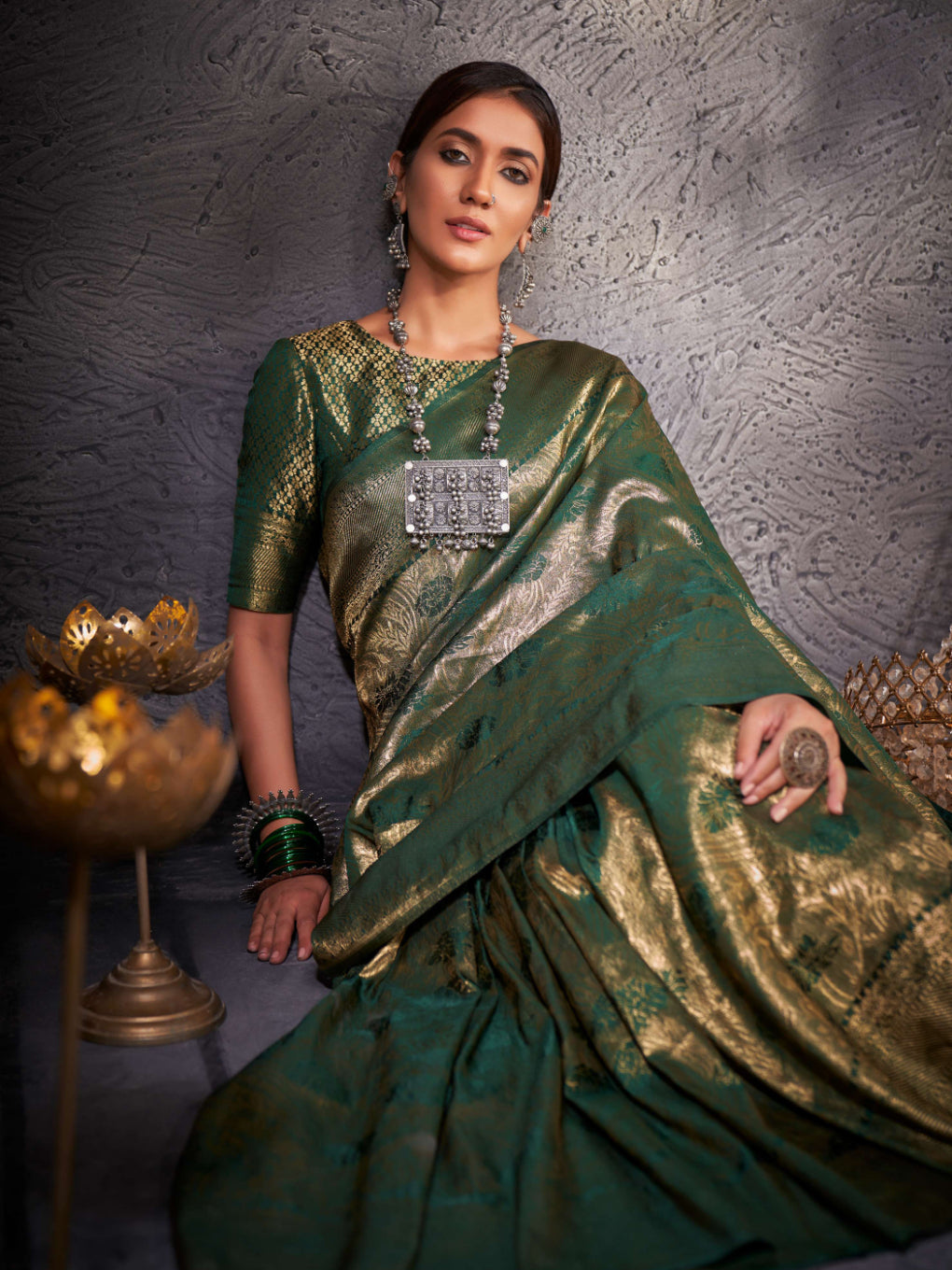 British Racing Green Gold Zari Kanjeevaram Silk Saree