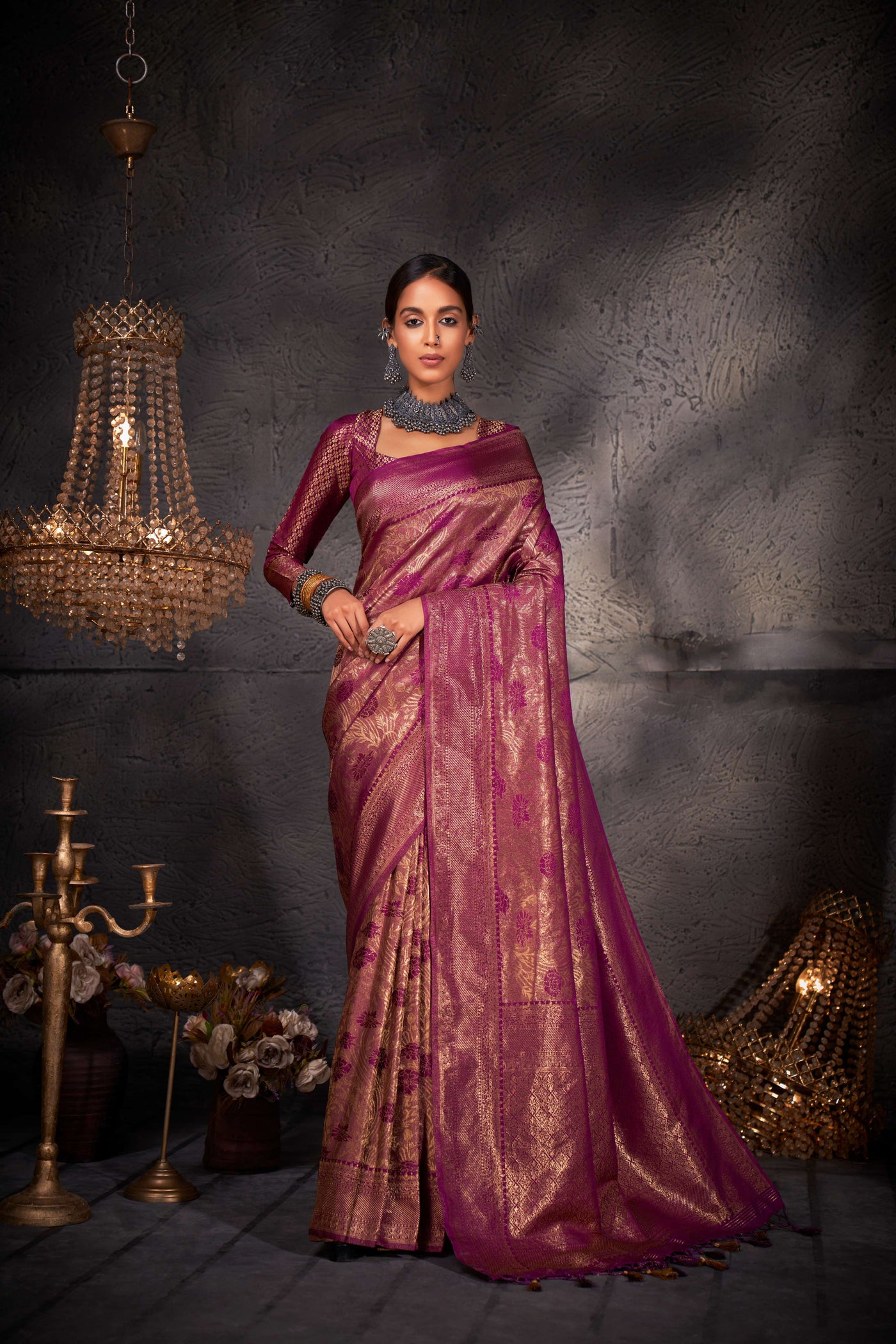 Byzantium Purple Gold Zari Kanjeevaram Silk Saree