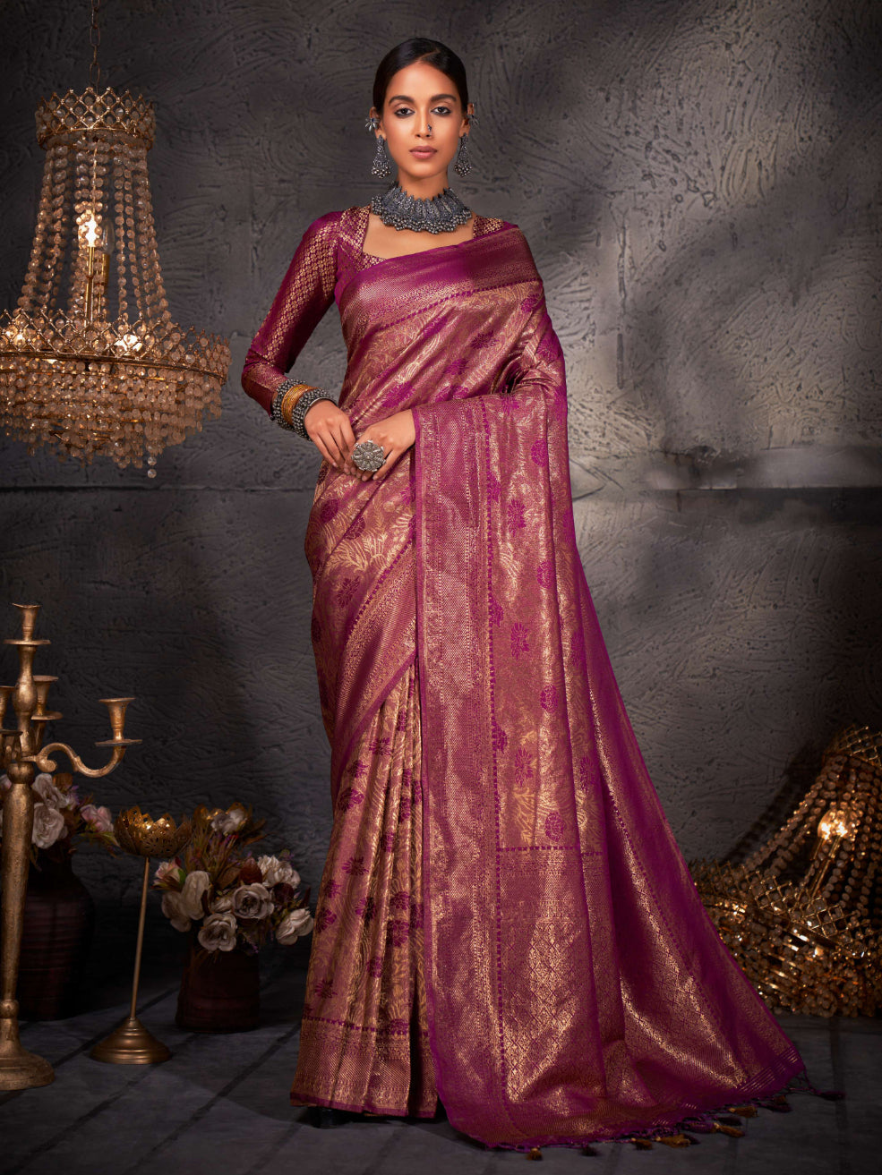 Byzantium Purple Gold Zari Kanjeevaram Silk Saree