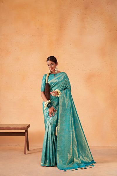 Robin Egg Blue Gold Zari Kanjeevaram Silk Saree