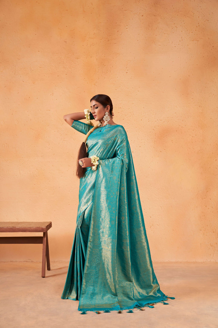 Robin Egg Blue Gold Zari Kanjivaram Silk Saree