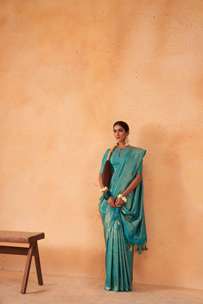 Robin Egg Blue Gold Zari Kanjeevaram Silk Saree