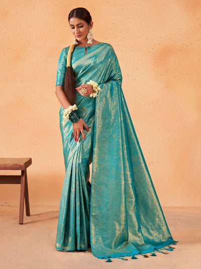 Robin Egg Blue Gold Zari Kanjeevaram Silk Saree