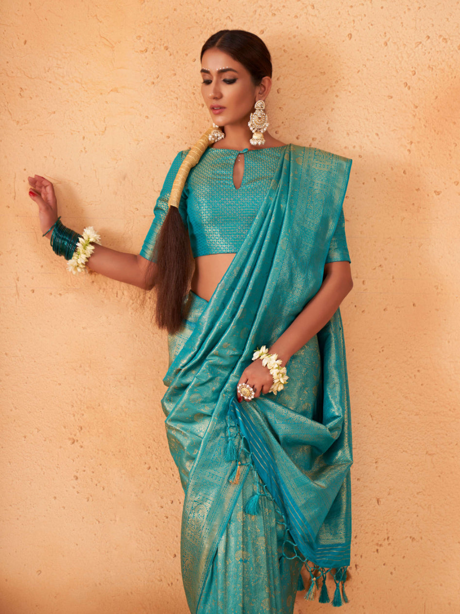 Robin Egg Blue Gold Zari Kanjivaram Silk Saree House of Vardha
