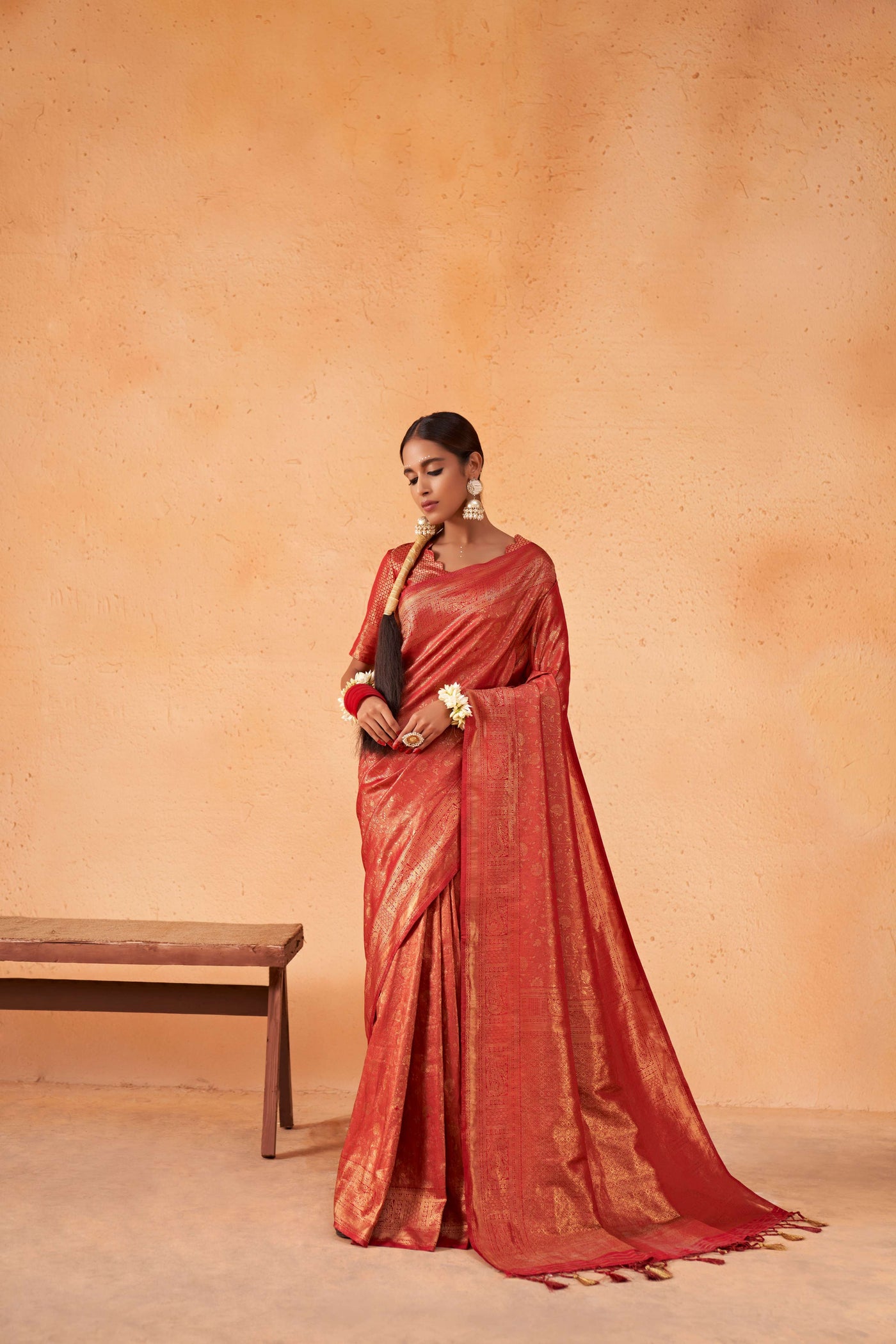 Ruby Red Gold Zari Kanjeevaram Silk Saree