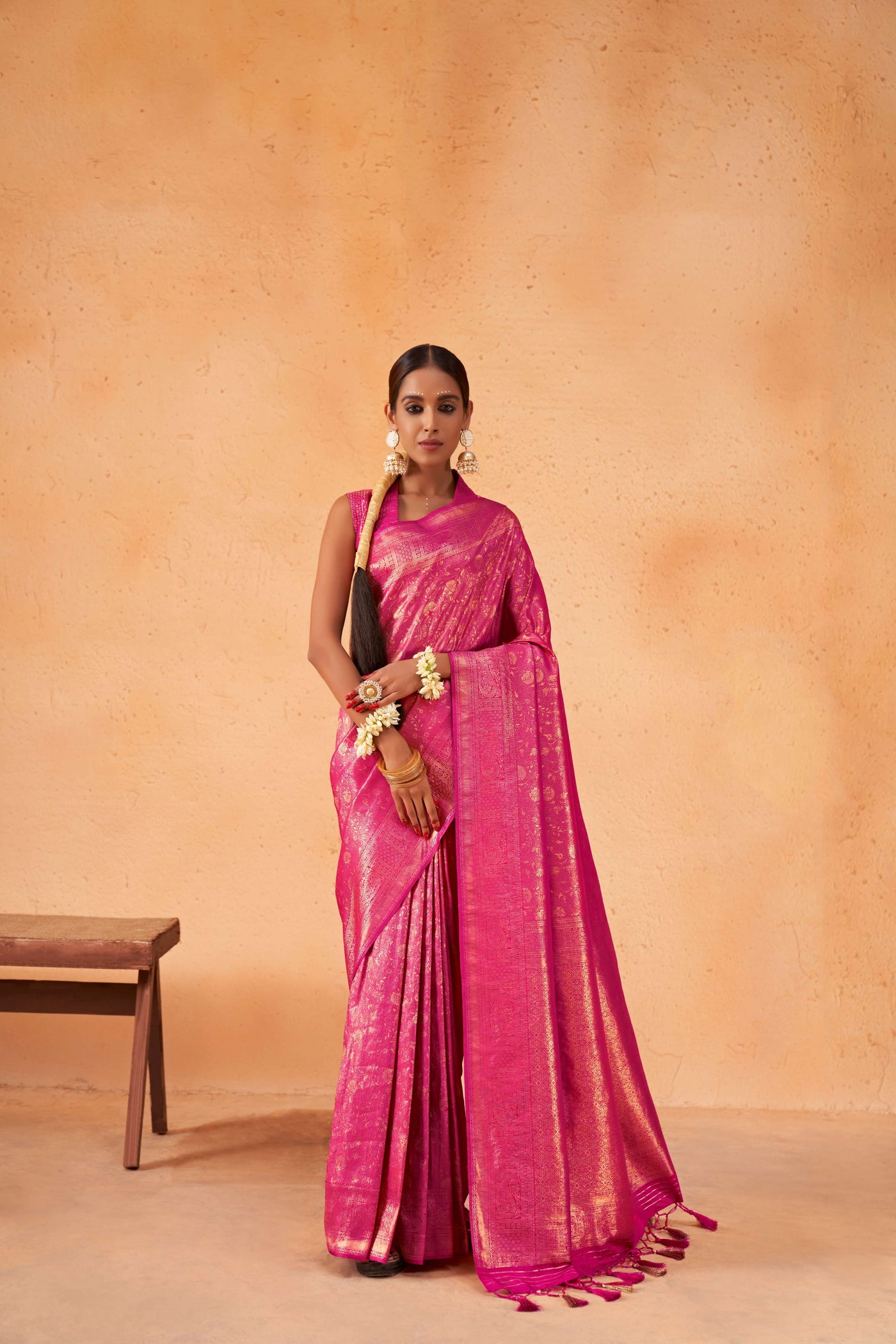 Wild Strawberry Pink Gold Zari Kanjeevaram Silk Saree