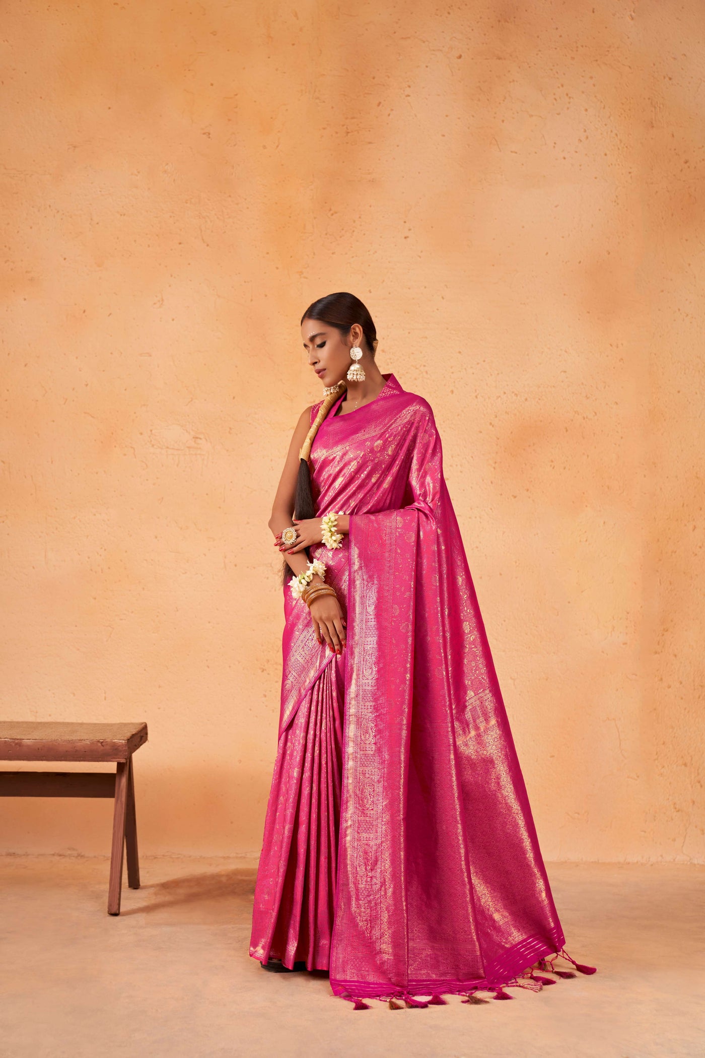 Wild Strawberry Pink Gold Zari Kanjeevaram Silk Saree