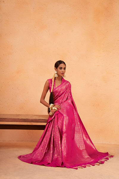 Wild Strawberry Pink Gold Zari Kanjeevaram Silk Saree