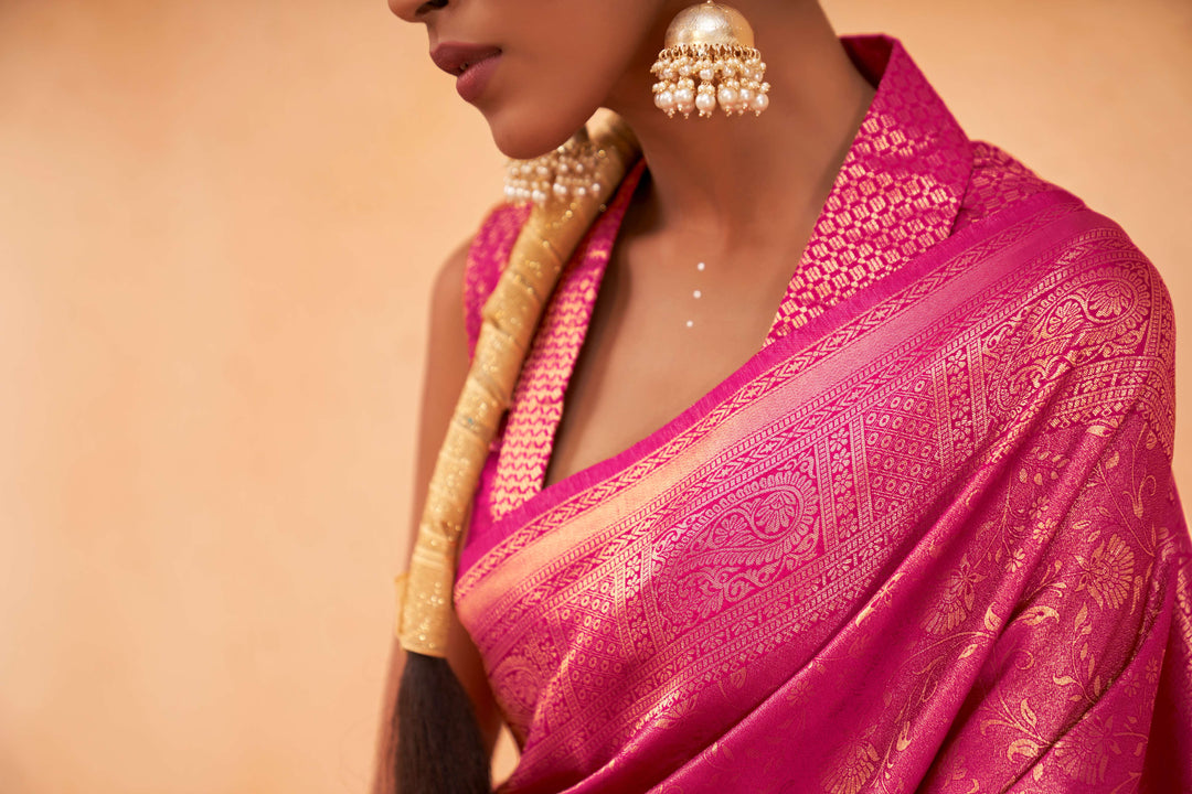 Wild Strawberry Pink Gold Zari Kanjivaram Silk Saree