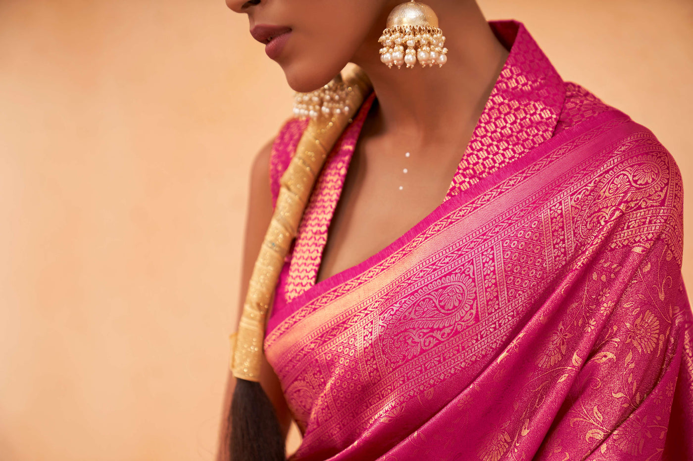 Wild Strawberry Pink Gold Zari Kanjeevaram Silk Saree