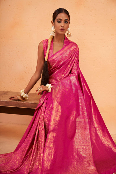 Wild Strawberry Pink Gold Zari Kanjeevaram Silk Saree