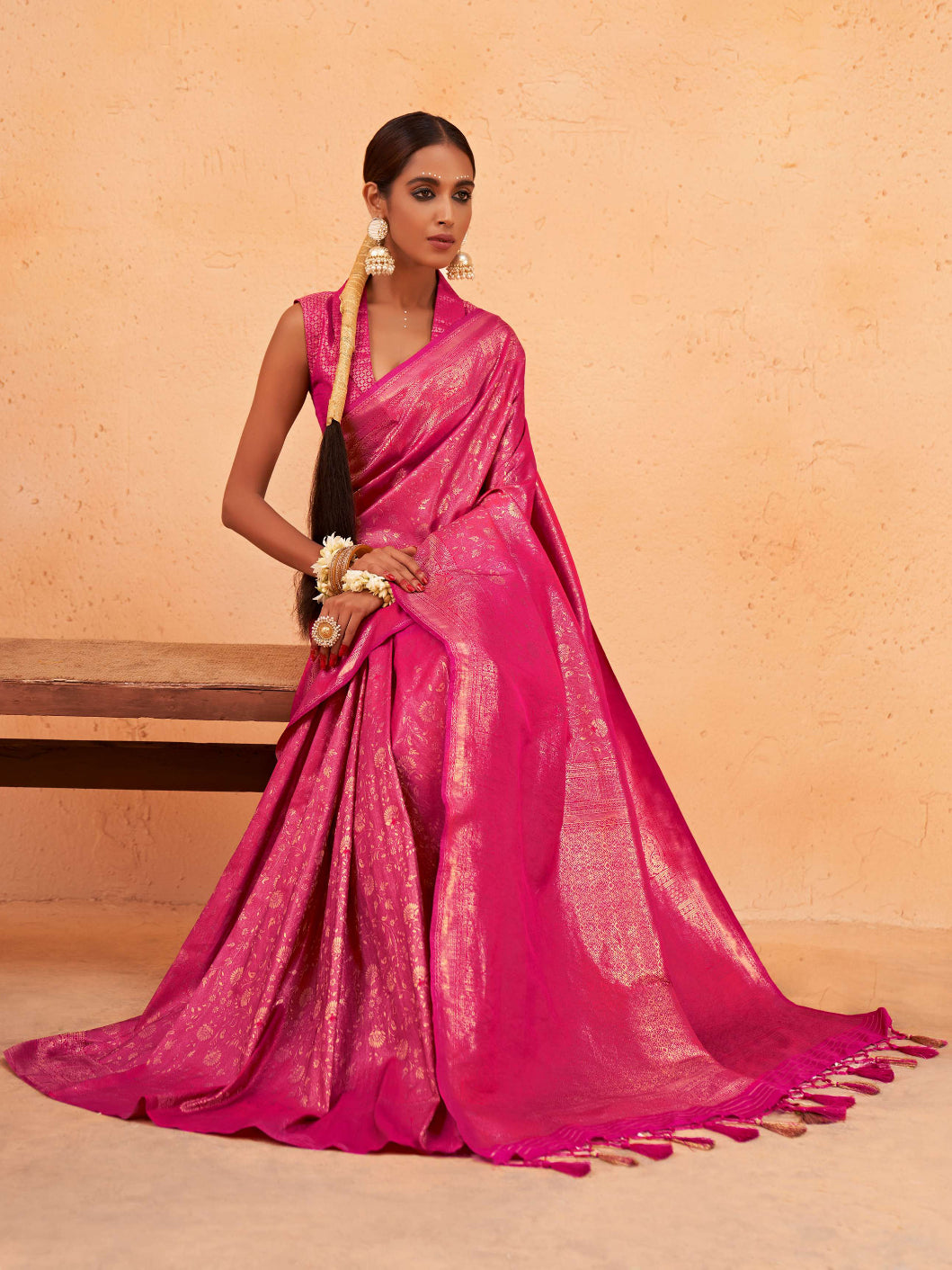 Wild Strawberry Pink Gold Zari Kanjeevaram Silk Saree