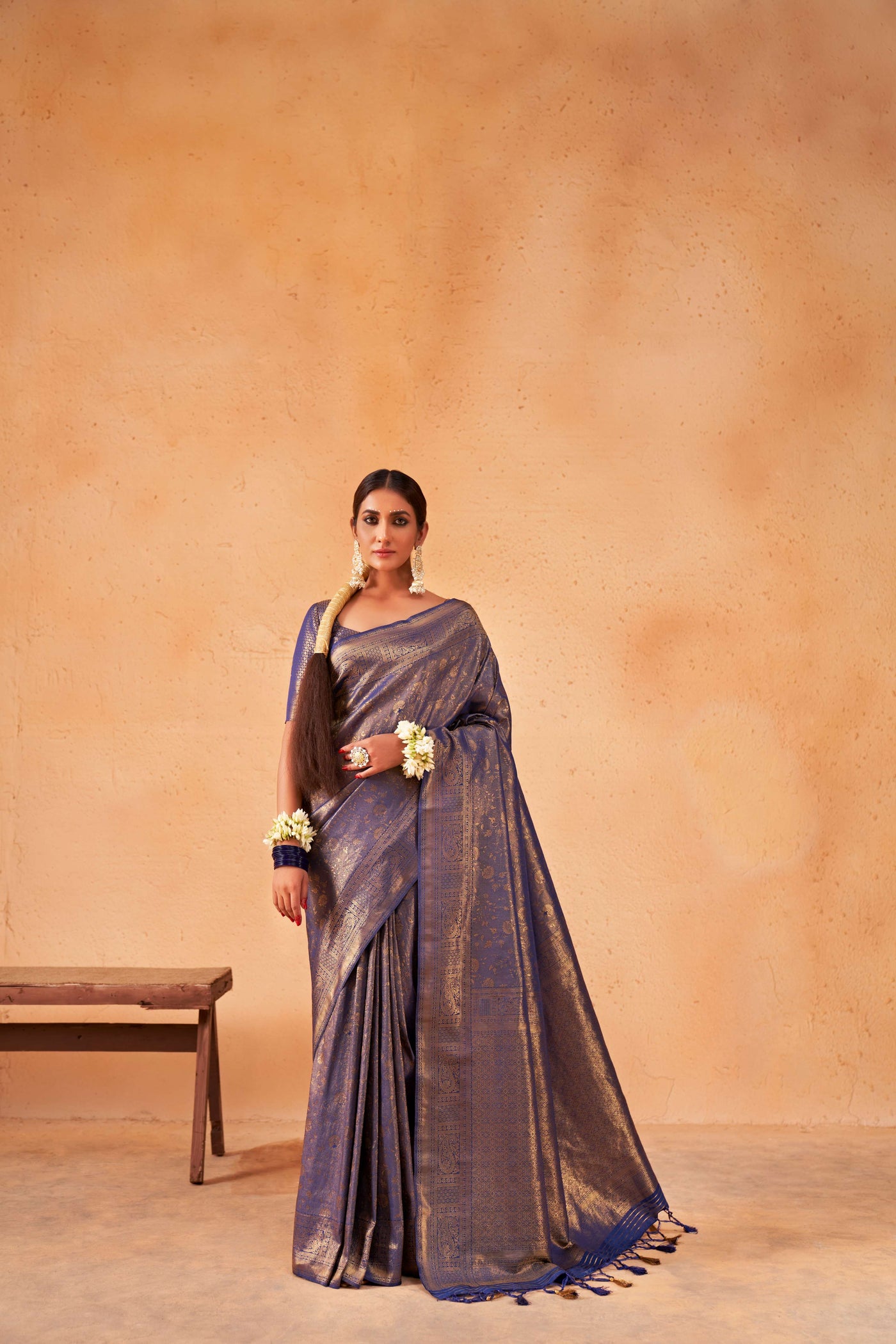 Midnight Blue Gold Zari Kanjeevaram Silk Saree