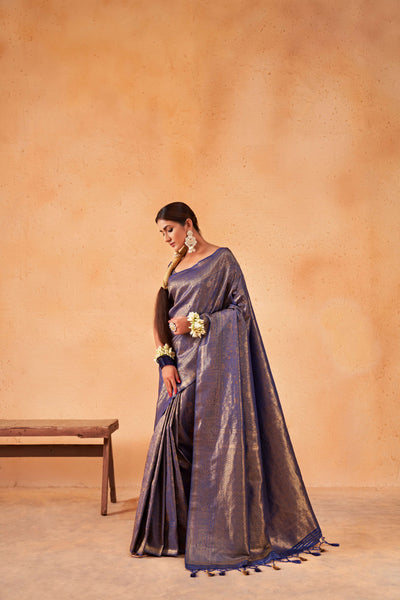 Midnight Blue Gold Zari Kanjeevaram Silk Saree