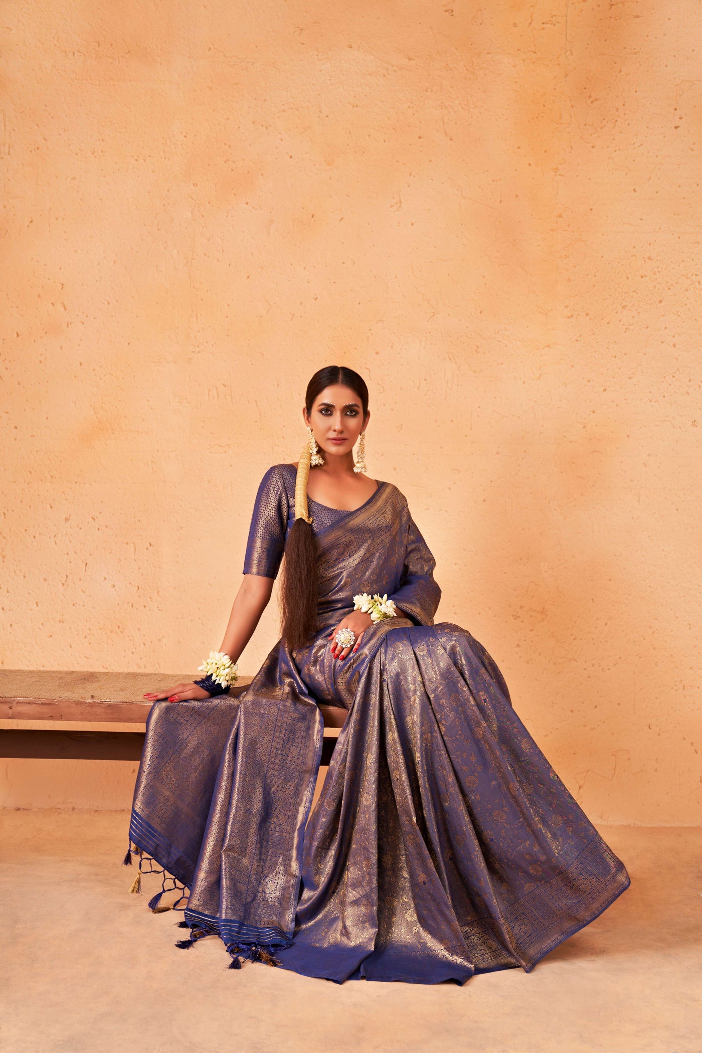 Midnight Blue Gold Zari Kanjeevaram Silk Saree