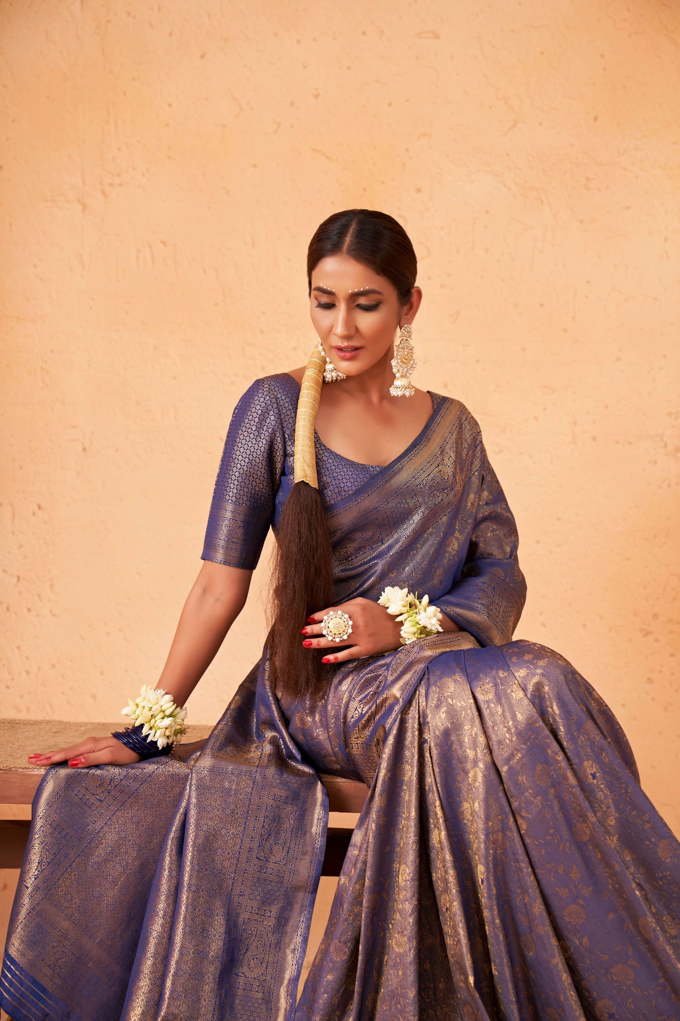 Midnight Blue Gold Zari Kanjeevaram Silk Saree