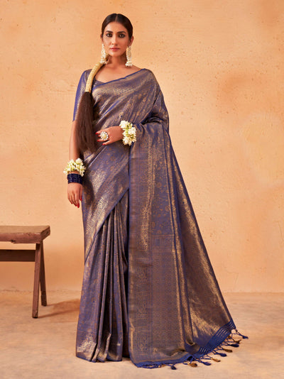 Midnight Blue Gold Zari Kanjeevaram Silk Saree