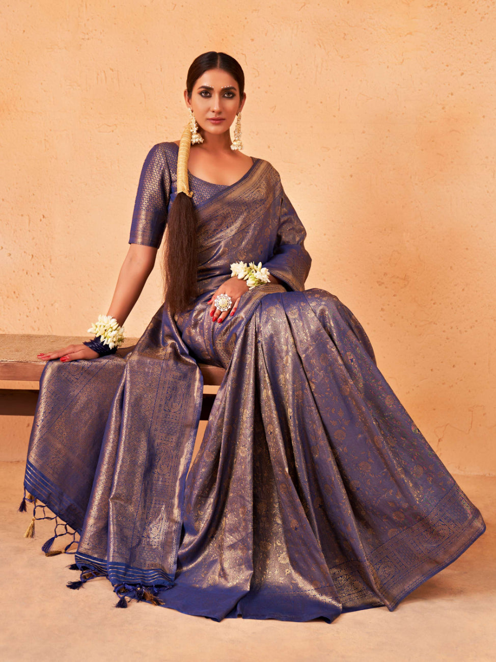 Midnight Blue Gold Zari Kanjeevaram Silk Saree