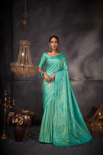 Turquoise Blue Gold Zari Kanjeevaram Silk Saree