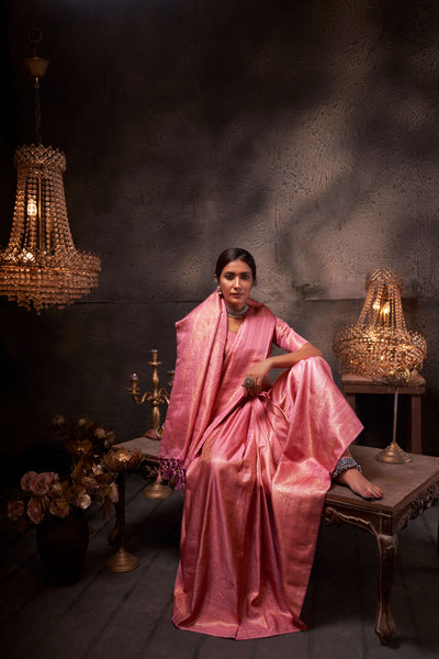 Flamingo Pink Gold Zari Kanjeevaram Silk Saree