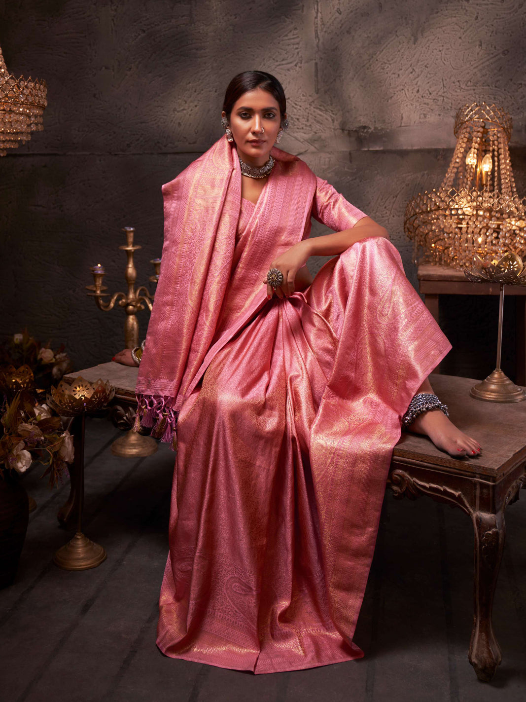 Flamingo Pink Gold Zari Kanjeevaram Silk Saree