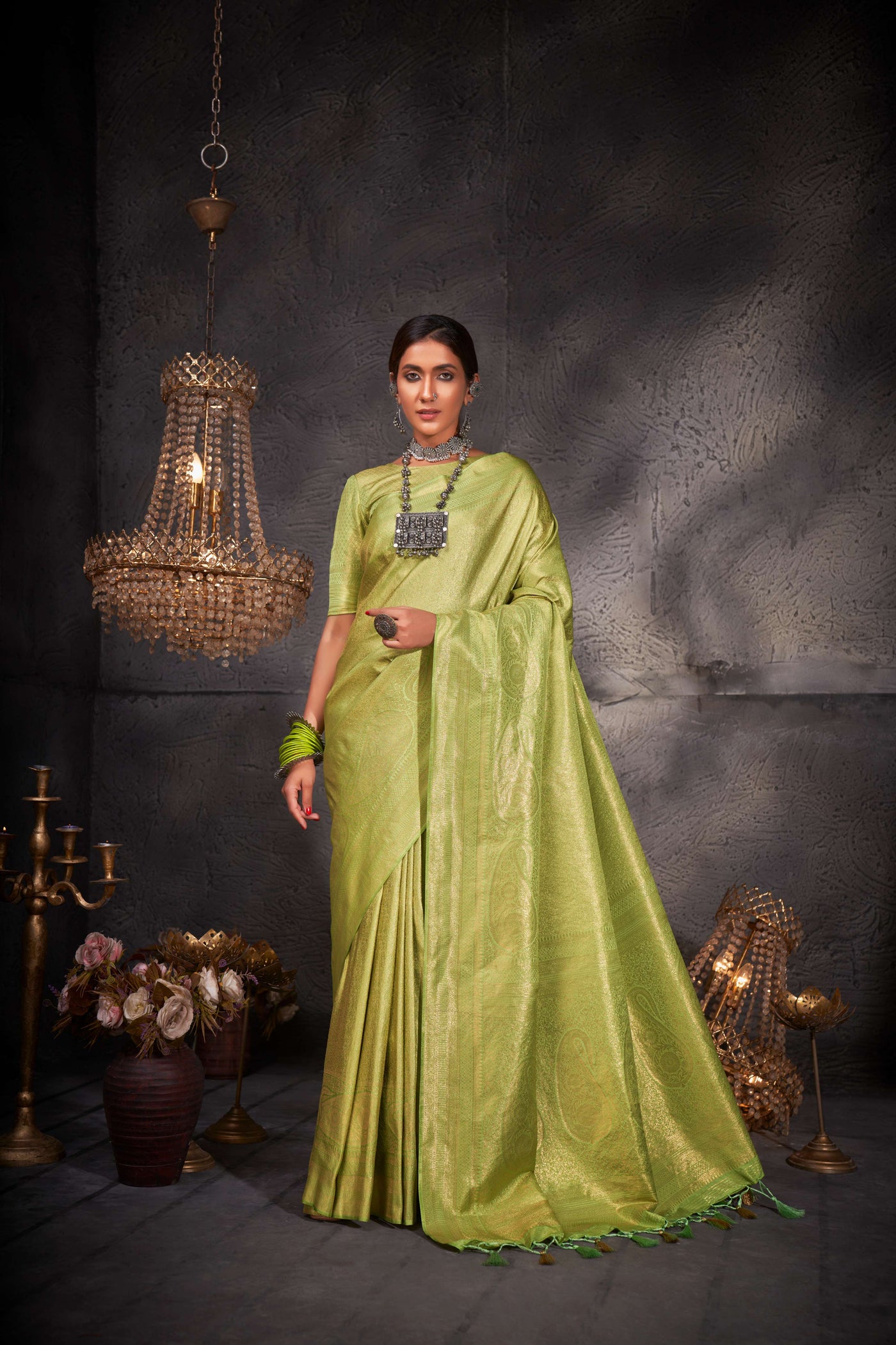 Jade Green Gold Zari Kanjeevaram Silk Saree | Green saree for Mehendi 