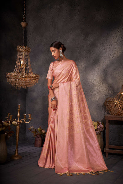 Marzipan Orange Pink Zari Kanjeevaram Silk Saree