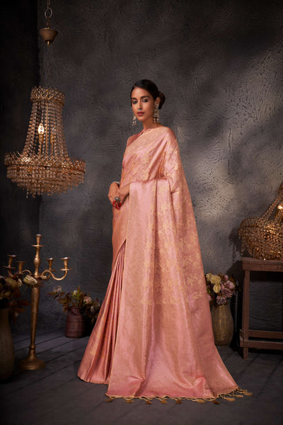 Marzipan Orange Pink Zari Kanjeevaram Silk Saree