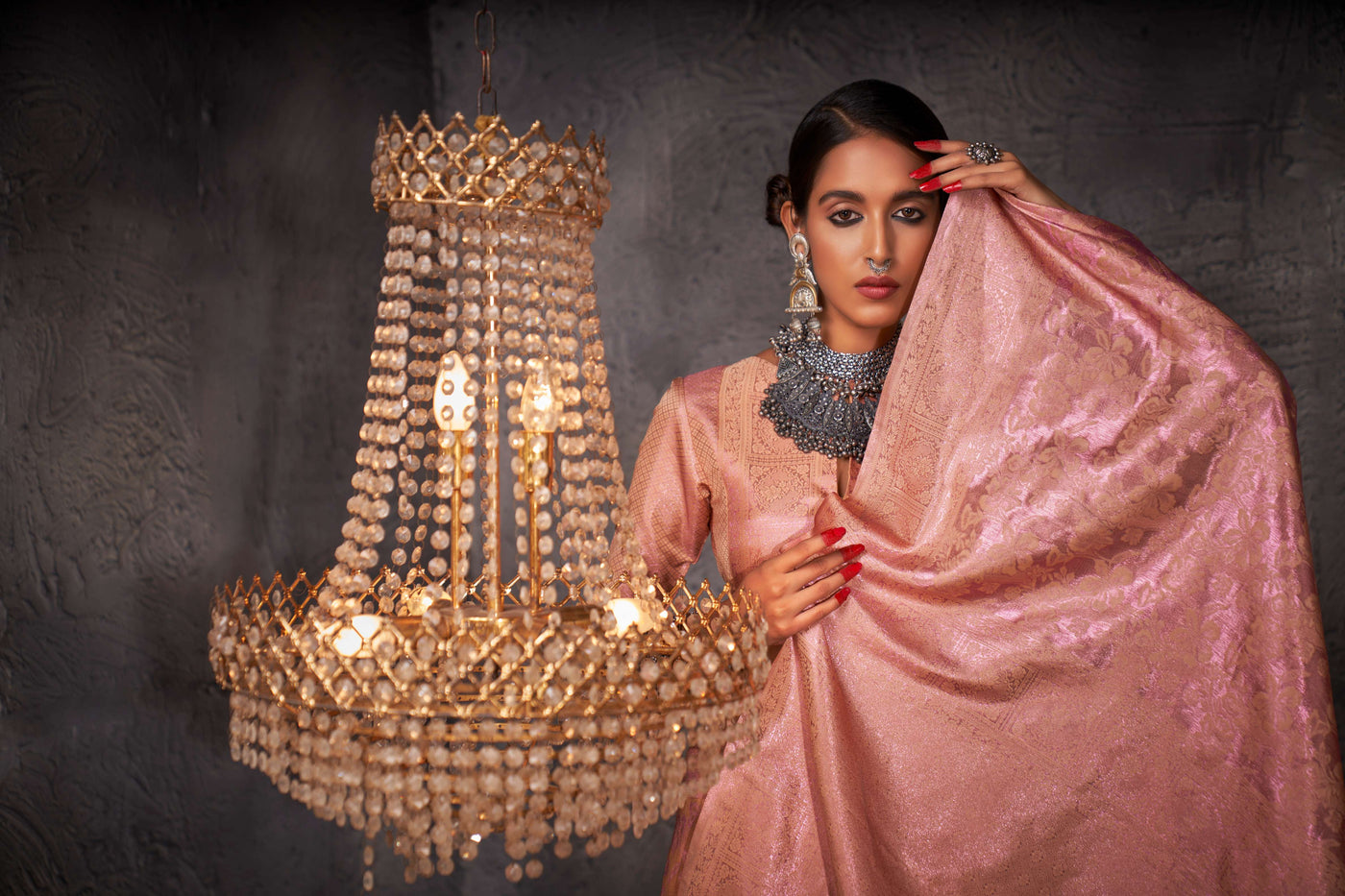 Marzipan Orange Pink Zari Kanjeevaram Silk Saree