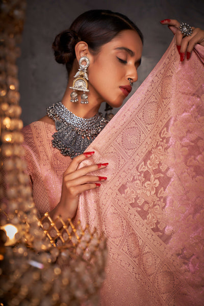 Marzipan Orange Pink Zari Kanjeevaram Silk Saree