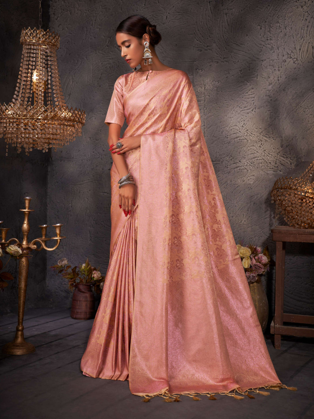 Marzipan Orange Pink Zari Kanjeevaram Silk Saree
