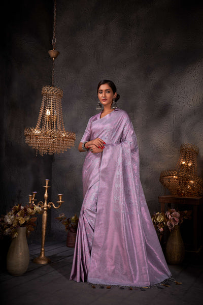 Purple Grey Pink Zari Kanjeevaram Silk Saree