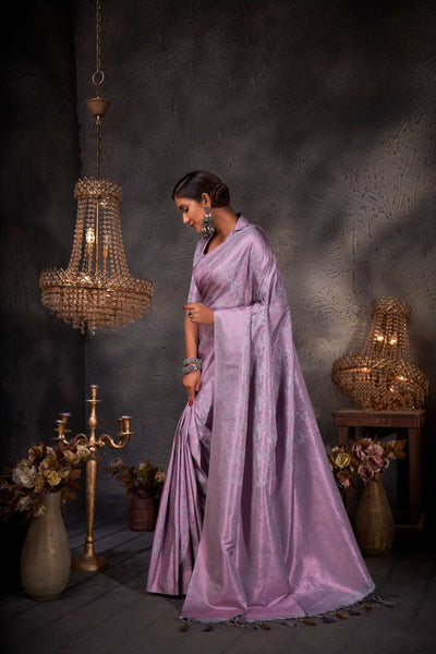 Purple Grey Pink Zari Kanjeevaram Silk Saree