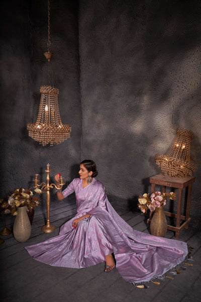 Purple Grey Pink Zari Kanjeevaram Silk Saree