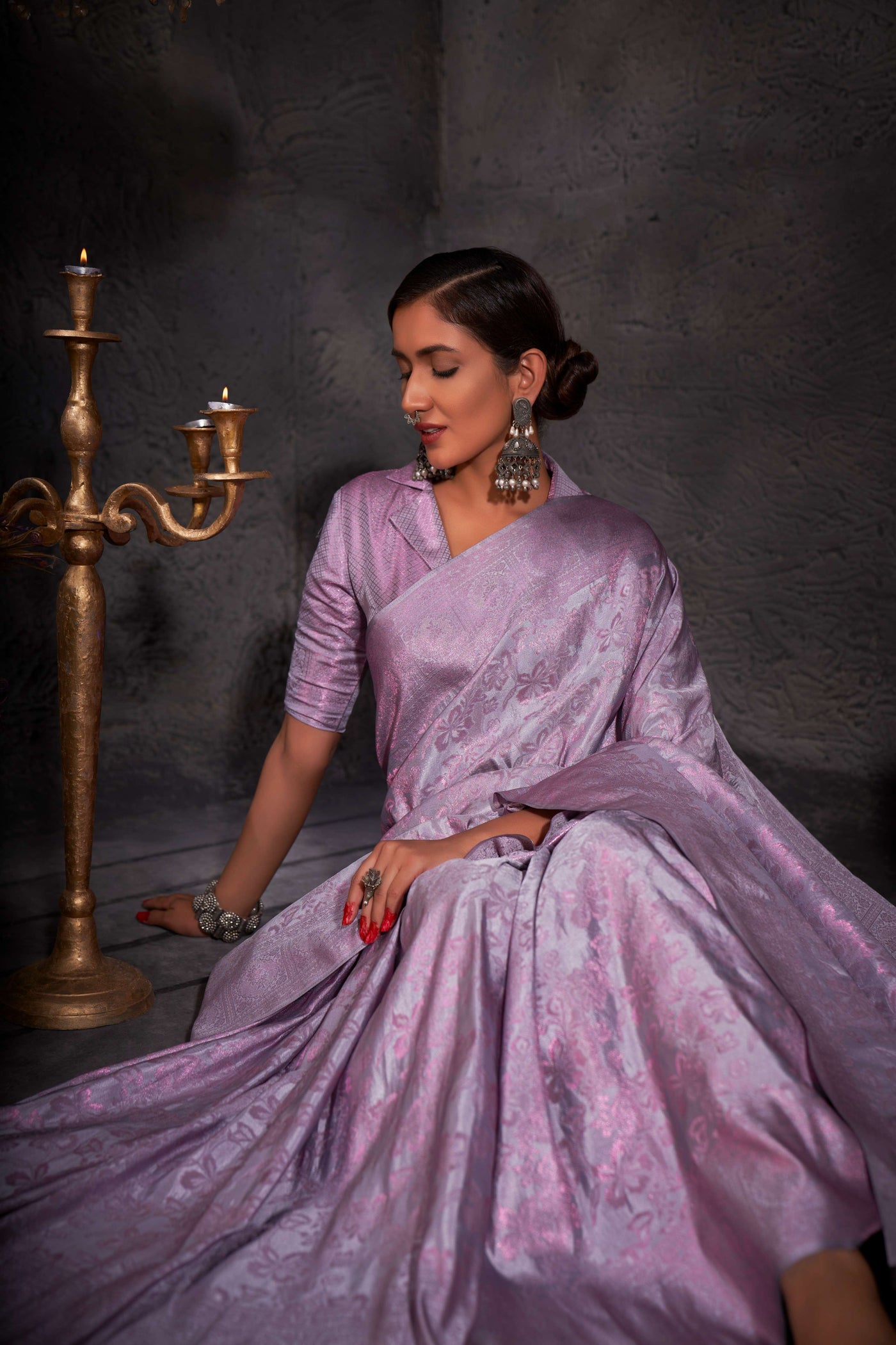 Purple Grey Pink Zari Kanjeevaram Silk Saree