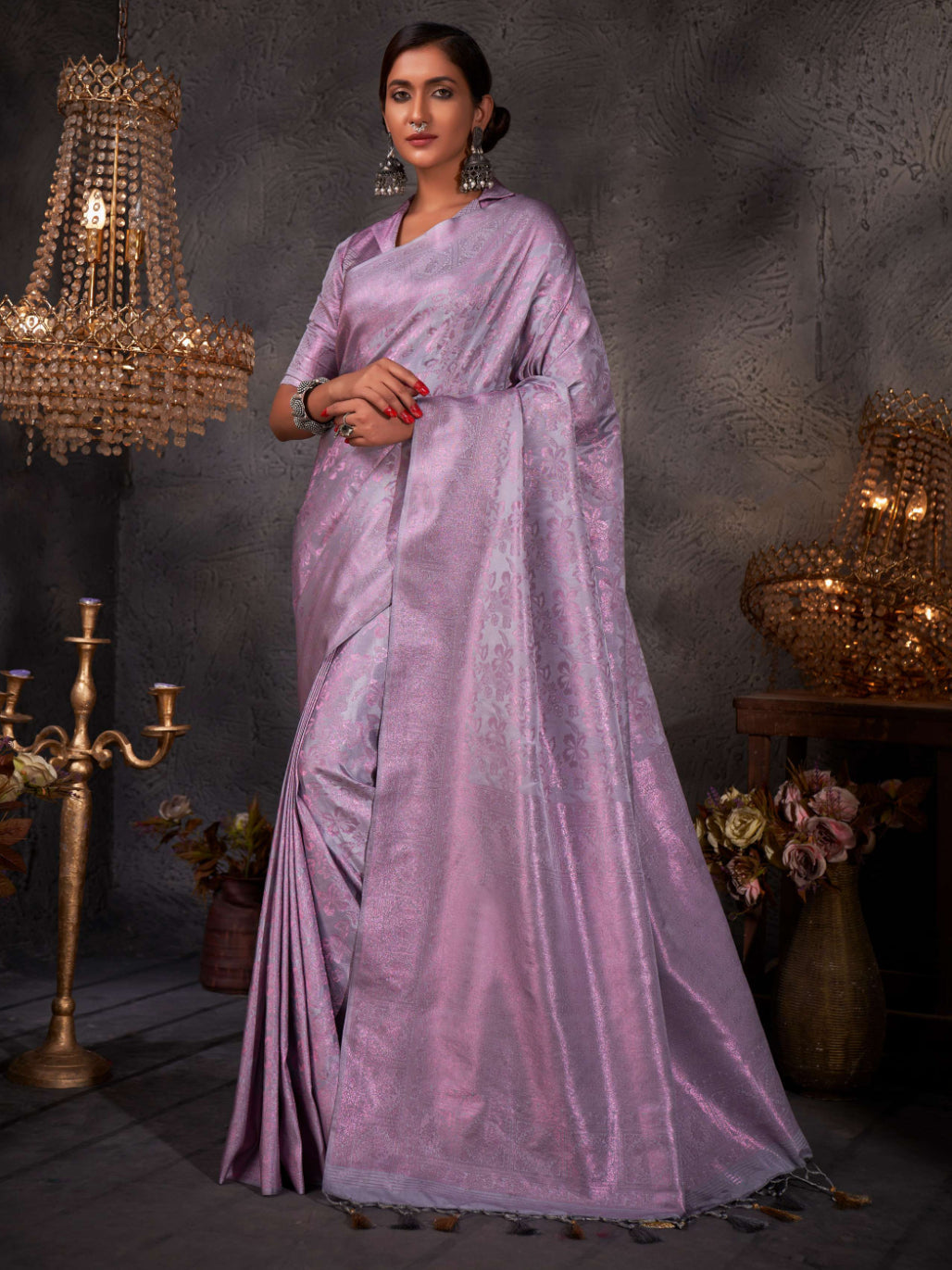 Purple Grey Pink Zari Kanjeevaram Silk Saree