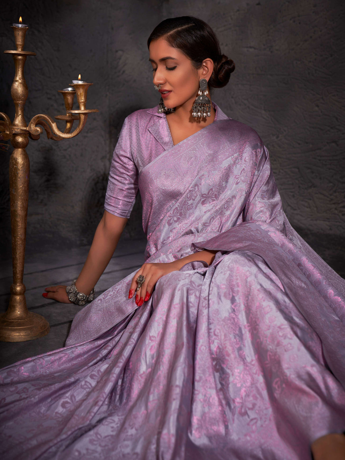 Purple Grey Pink Zari Kanjeevaram Silk Saree