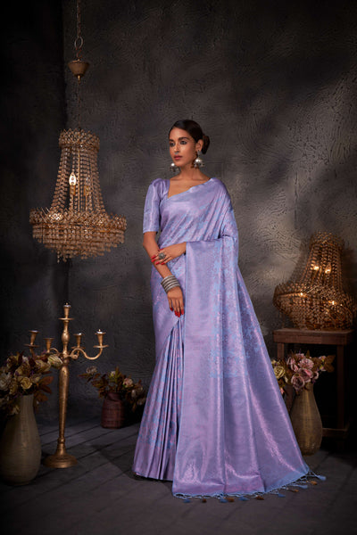 Powder Blue Pink Zari Kanjeevaram Silk Saree