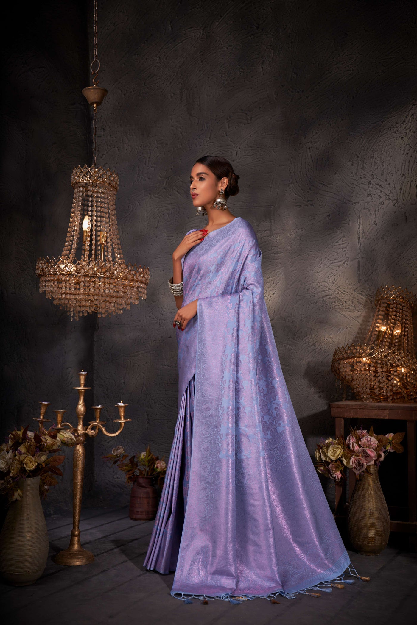 Powder Blue Pink Zari Kanjeevaram Silk Saree