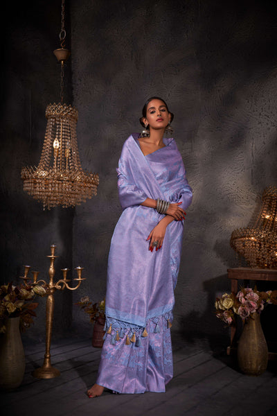 Powder Blue Pink Zari Kanjeevaram Silk Saree