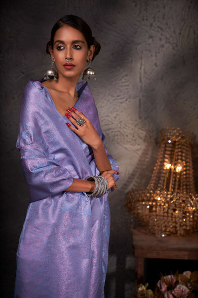 Powder Blue Pink Zari Kanjeevaram Silk Saree