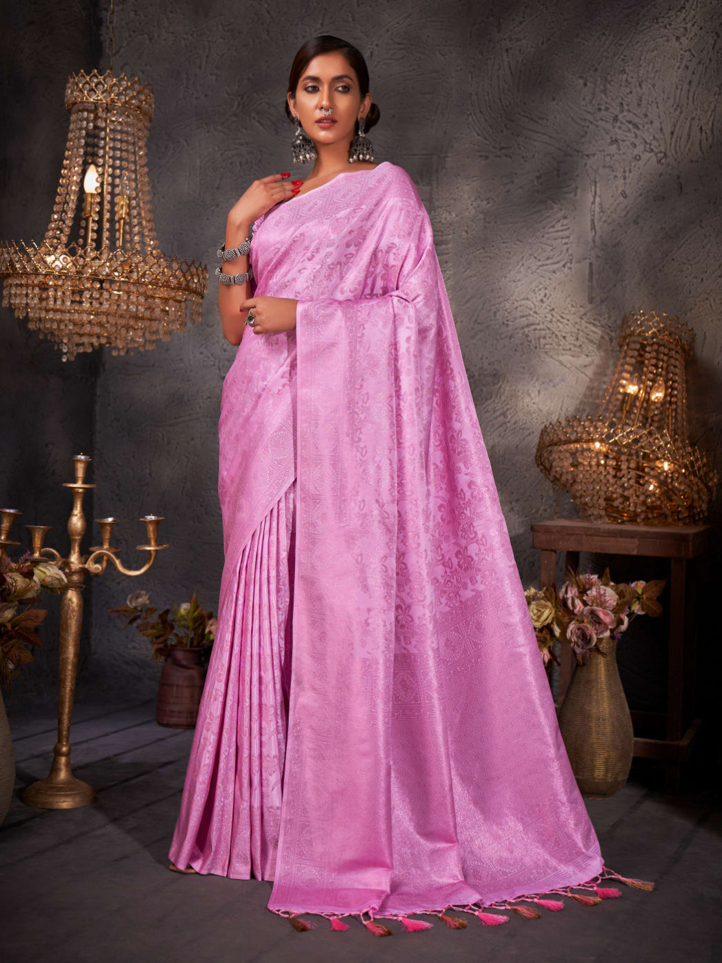 Wisteria Pink Pink Zari Kanjeevaram Silk Saree