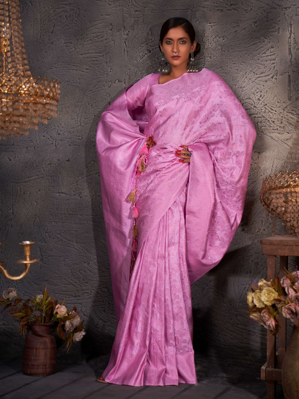 Wisteria Pink Pink Zari Kanjeevaram Silk Saree