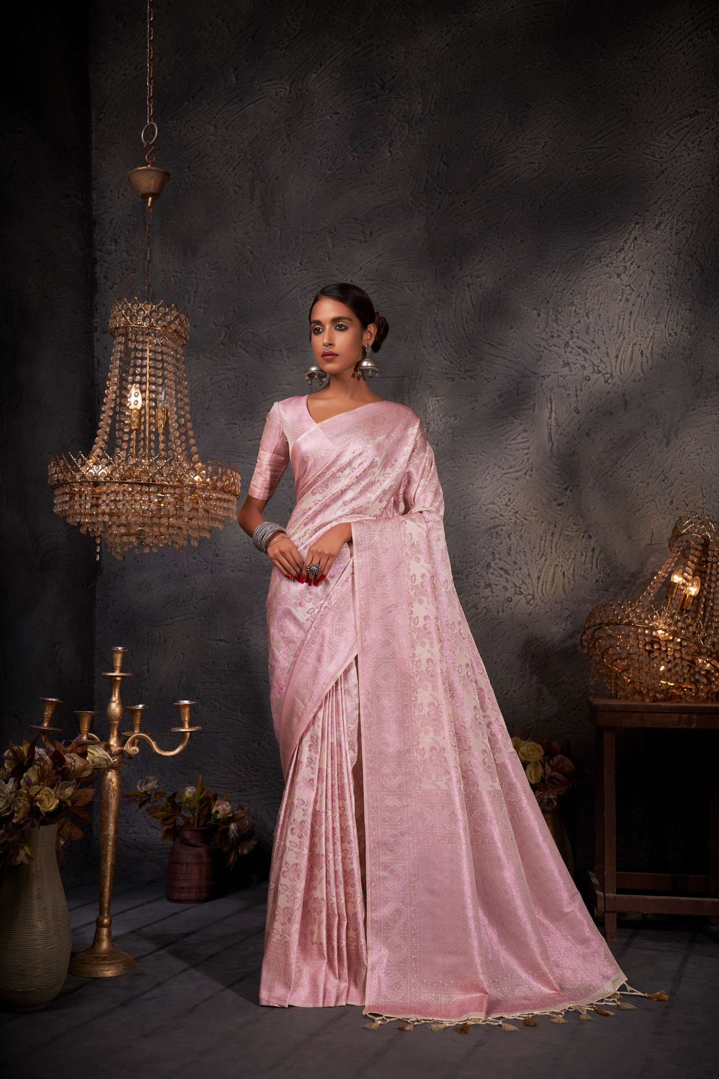 Off-White Pink Zari Kanjeevaram Silk Saree