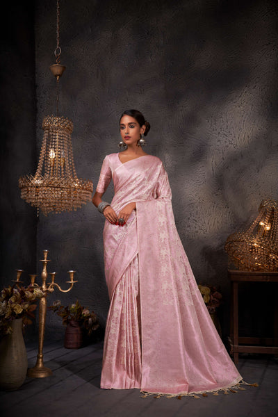 Off-White Pink Zari Kanjeevaram Silk Saree