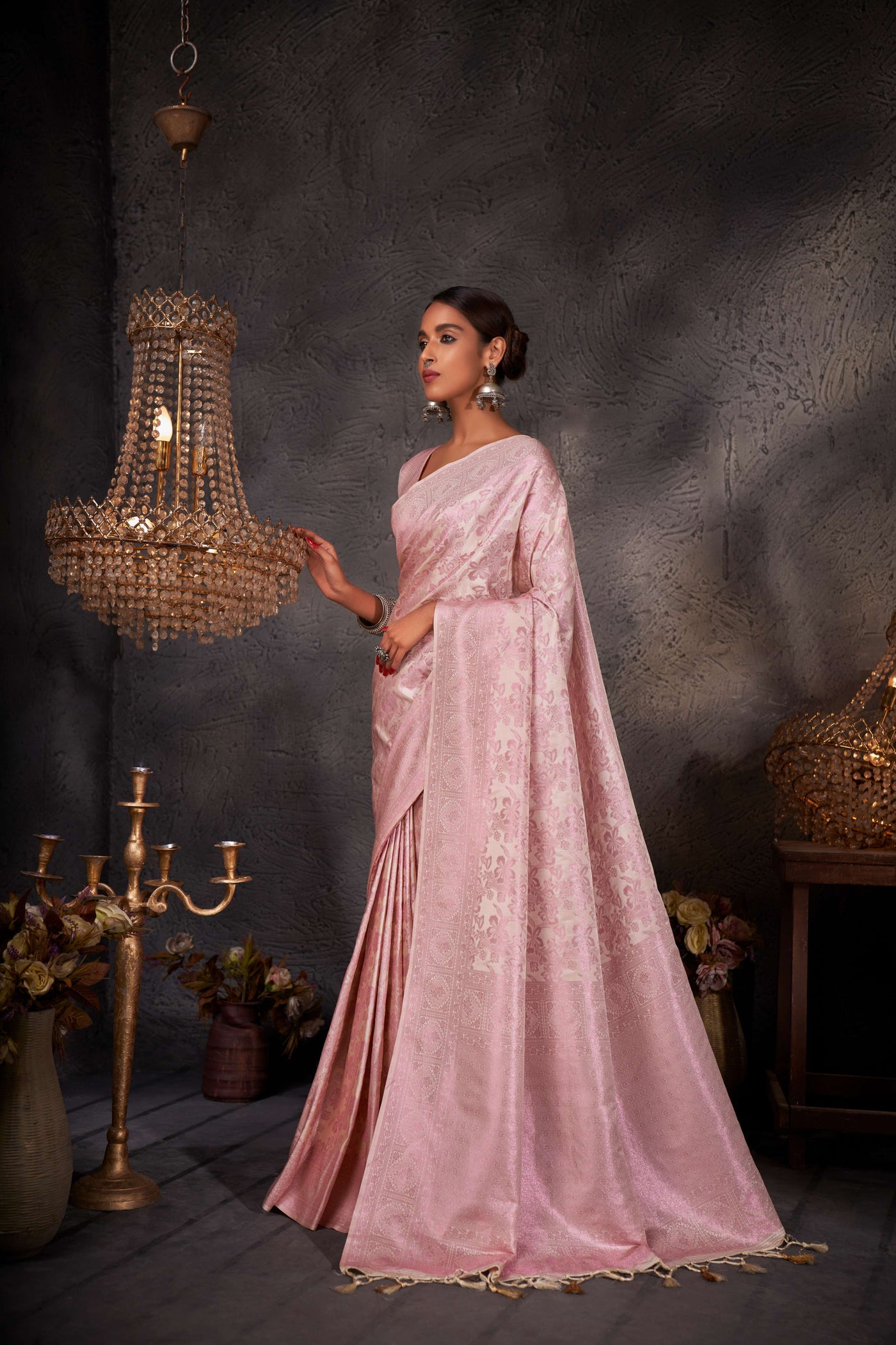 Off-White Pink Zari Kanjeevaram Silk Saree
