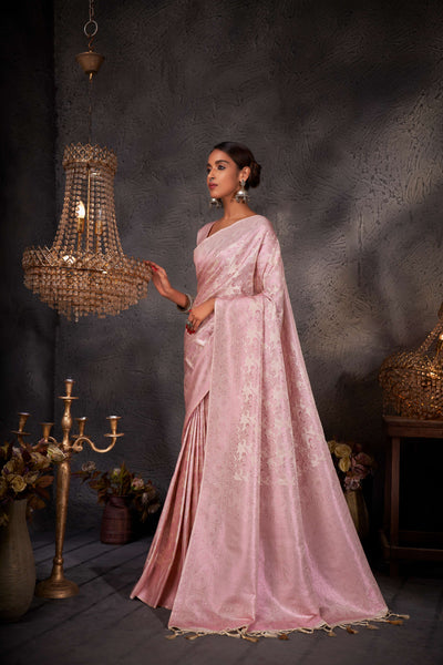 Off-White Pink Zari Kanjeevaram Silk Saree