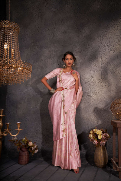 Off-White Pink Zari Kanjeevaram Silk Saree