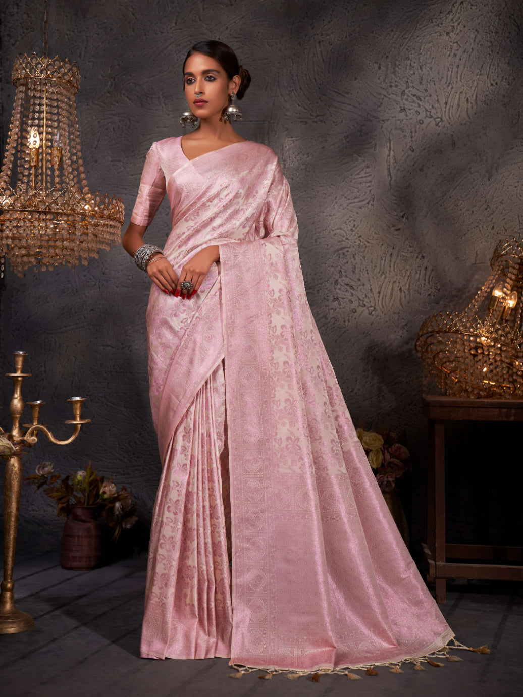 Off-White Pink Zari Kanjeevaram Silk Saree